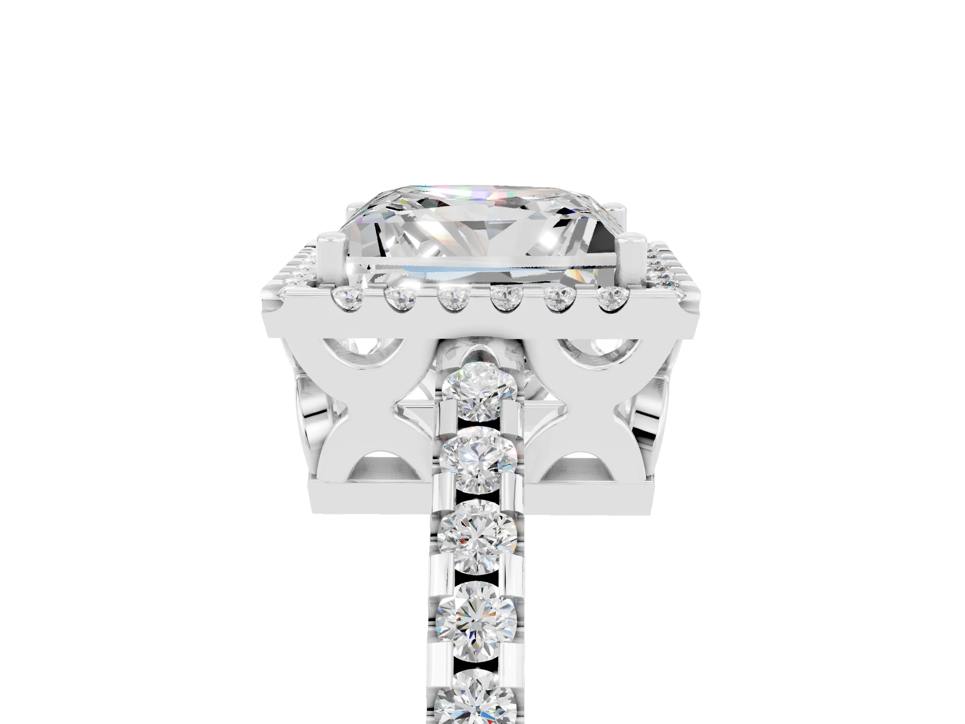 White gold Princess Cut Moissanite Halo Engagement Ring with Pavé Band and Prong Setting_17