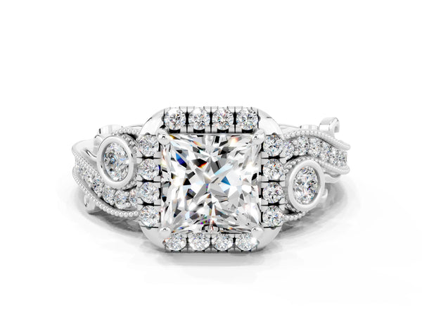 Silver Princess Cut Moissanite Halo Ring with Milgrain Pavé Band and Four-Prong Setting