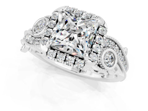 White gold Princess Cut Moissanite Halo Ring with Milgrain Pavé Band and Four-Prong Setting_43
