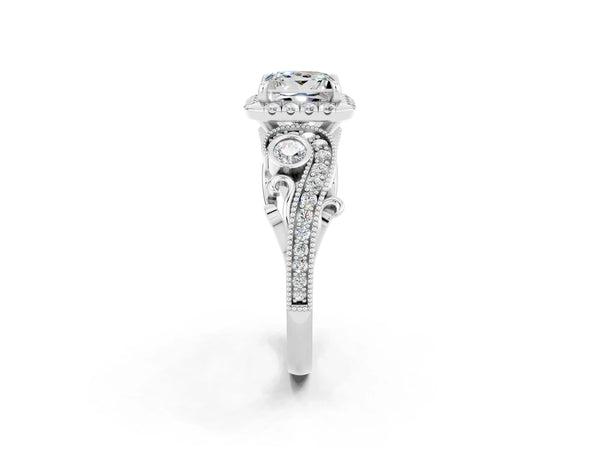 White gold Princess Cut Moissanite Halo Ring with Milgrain Pavé Band and Four-Prong Setting