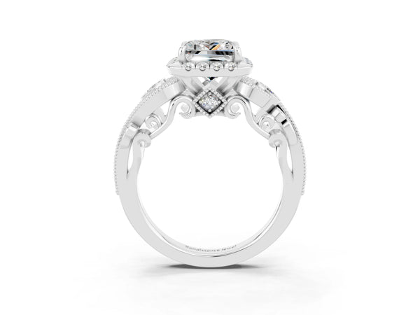 White gold Princess Cut Moissanite Halo Ring with Milgrain Pavé Band and Four-Prong Setting