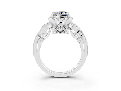 White gold Princess Cut Moissanite Halo Ring with Milgrain Pavé Band and Four-Prong Setting_45