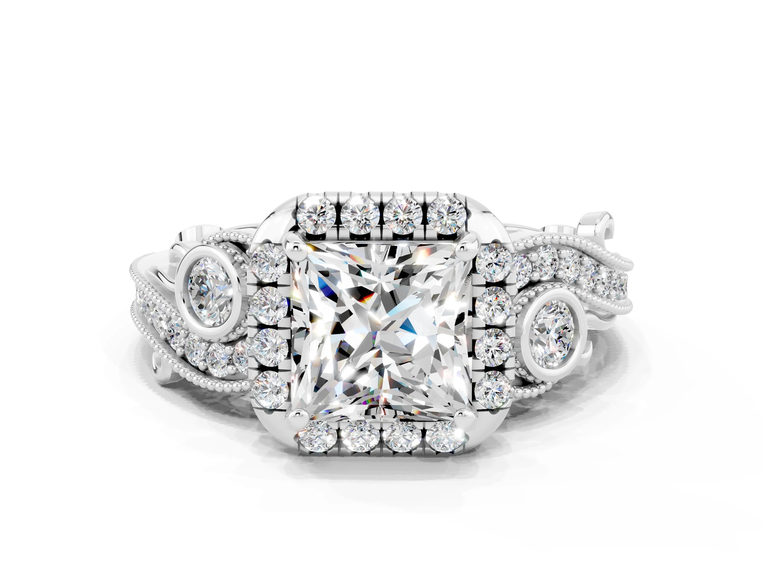 White gold Princess Cut Moissanite Halo Ring with Milgrain Pavé Band and Four-Prong Setting_46