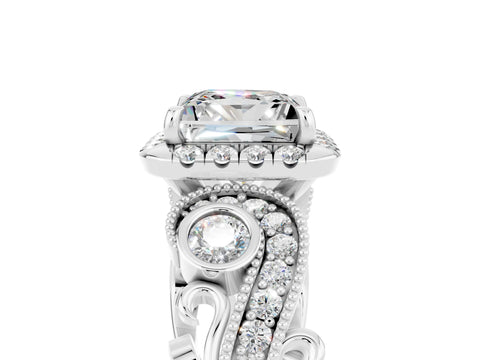 White gold Princess Cut Moissanite Halo Ring with Milgrain Pavé Band and Four-Prong Setting_47