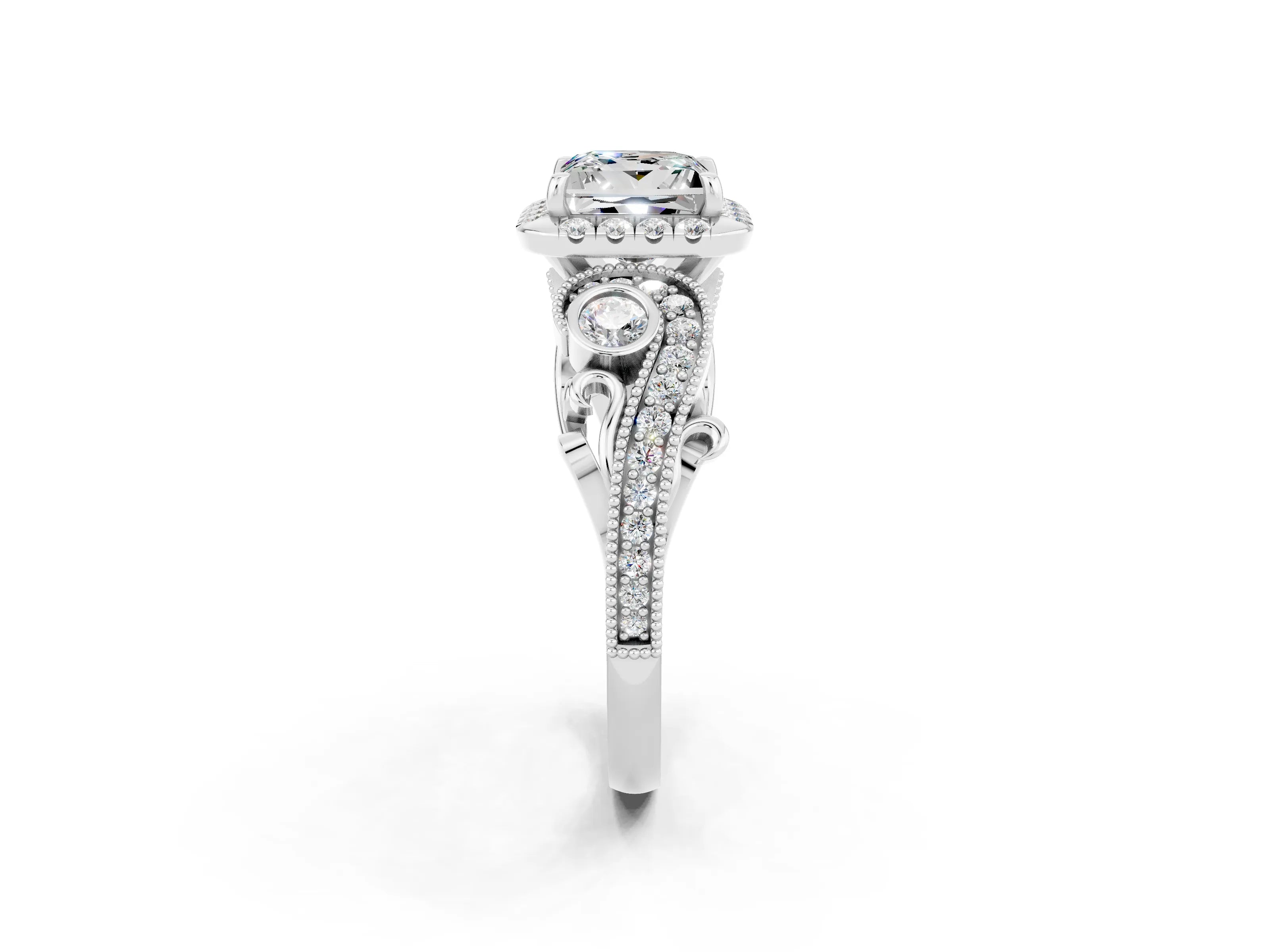White gold Princess Cut Moissanite Halo Ring with Milgrain Pavé Band and Four-Prong Setting_48