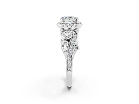 White gold Princess Cut Moissanite Halo Ring with Milgrain Pavé Band and Four-Prong Setting_48