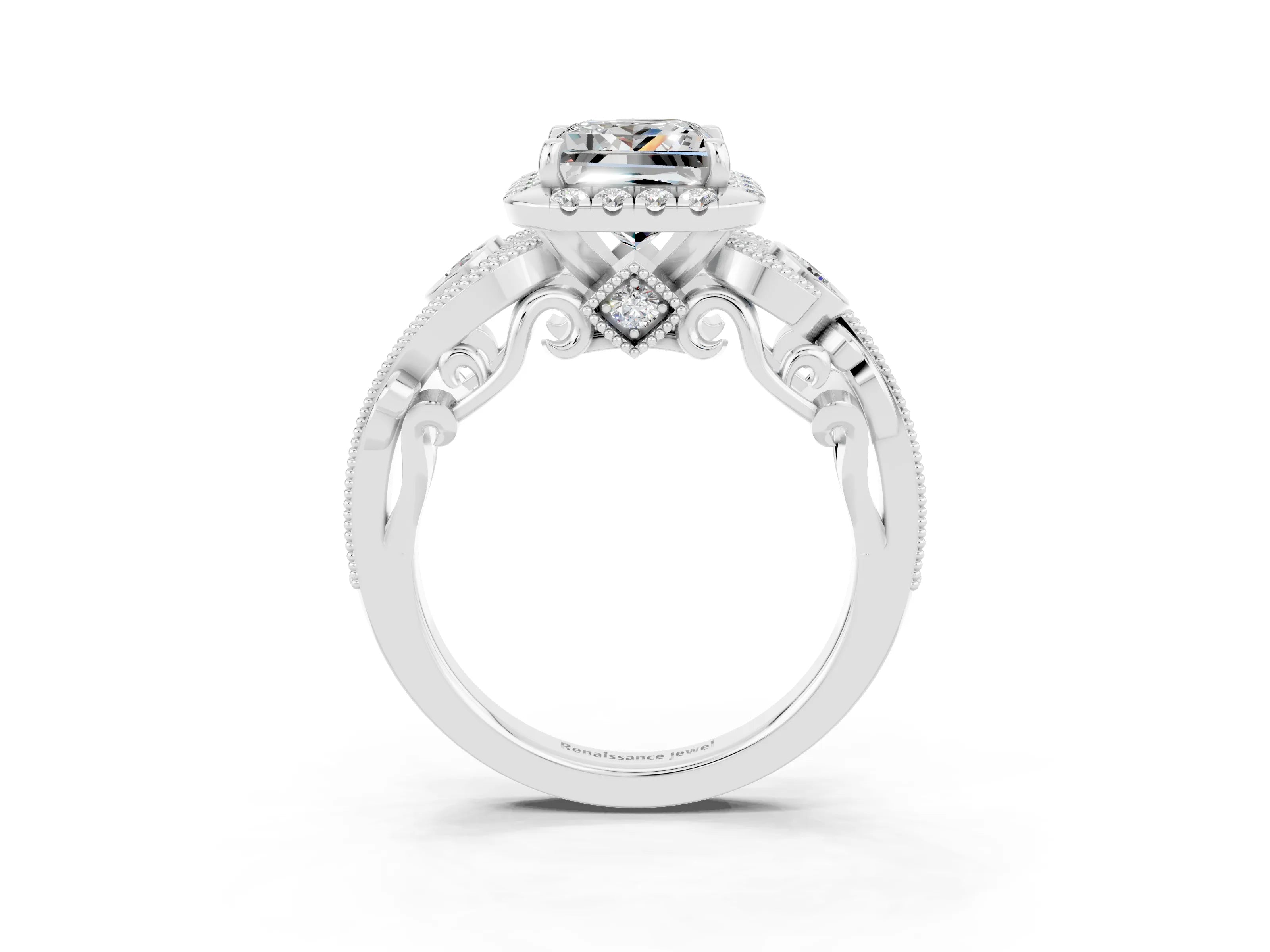 White gold Princess Cut Moissanite Halo Ring with Milgrain Pavé Band and Four-Prong Setting_49