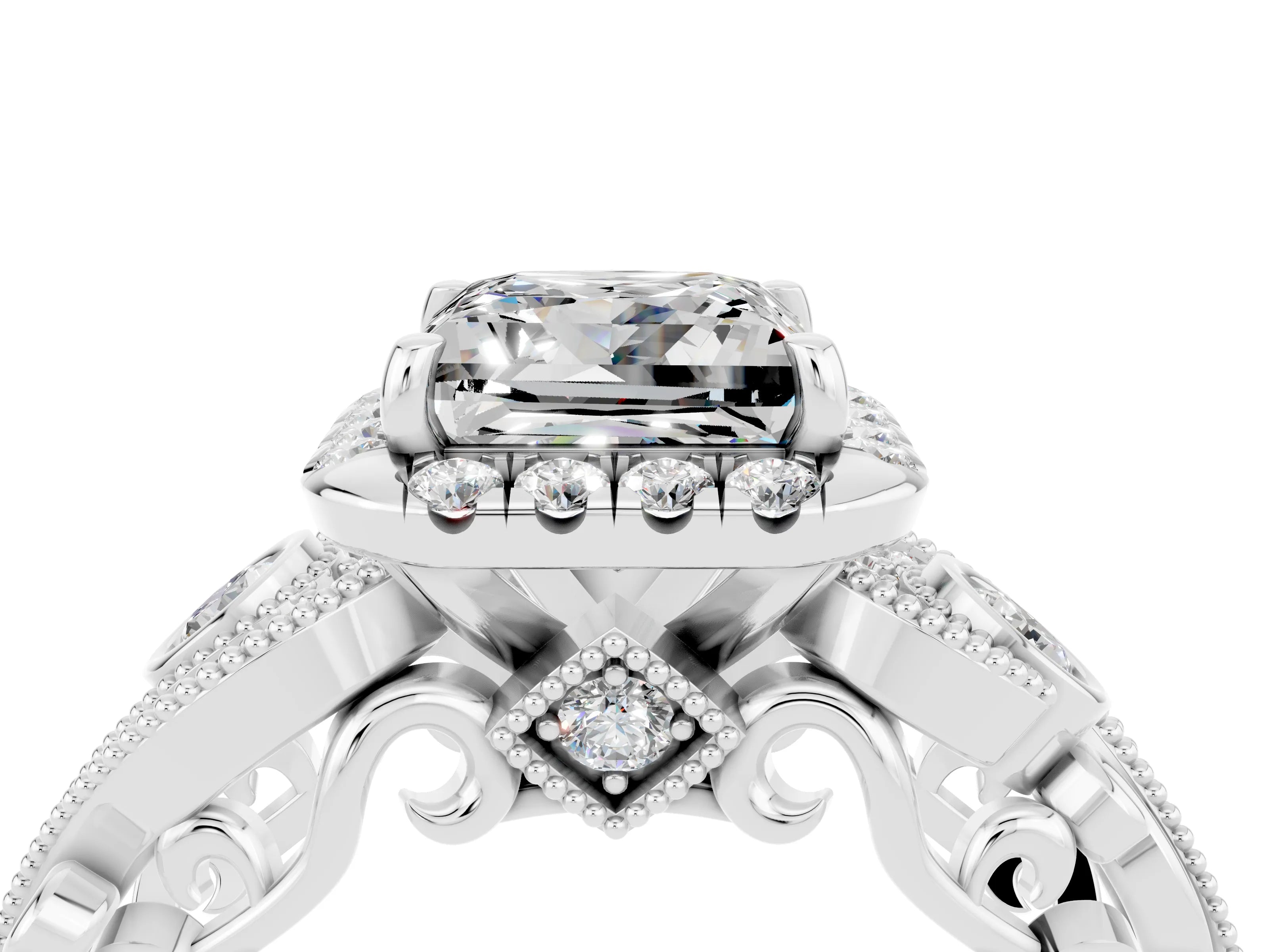 White gold Princess Cut Moissanite Halo Ring with Milgrain Pavé Band and Four-Prong Setting_50
