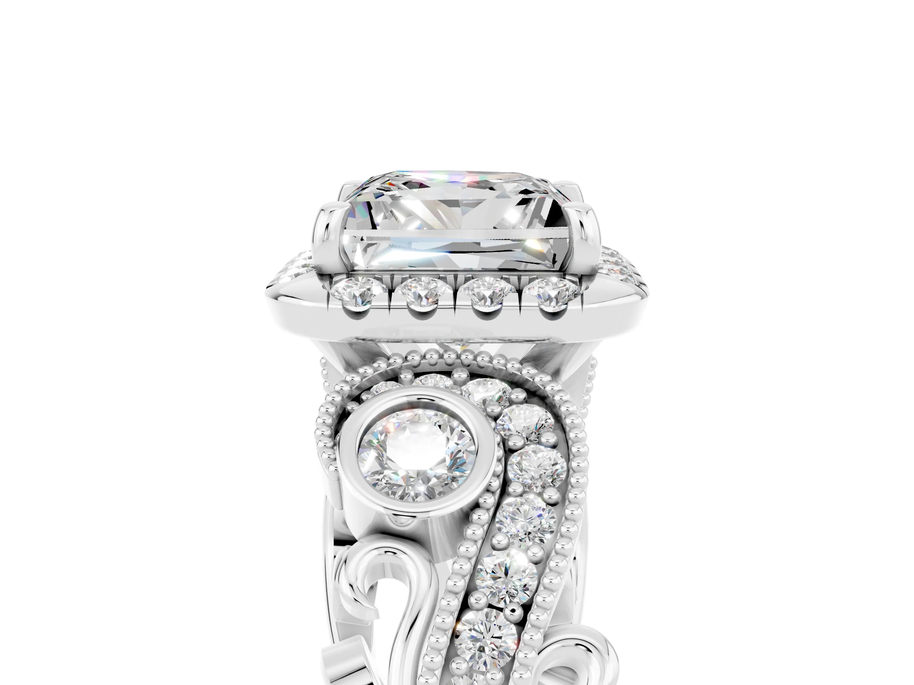 White gold Princess Cut Moissanite Halo Ring with Milgrain Pavé Band and Four-Prong Setting_51