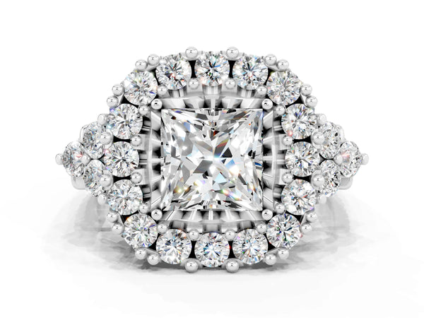 Platinum Princess Cut Moissanite Halo Ring with Pavé Band and Four-Prong Setting