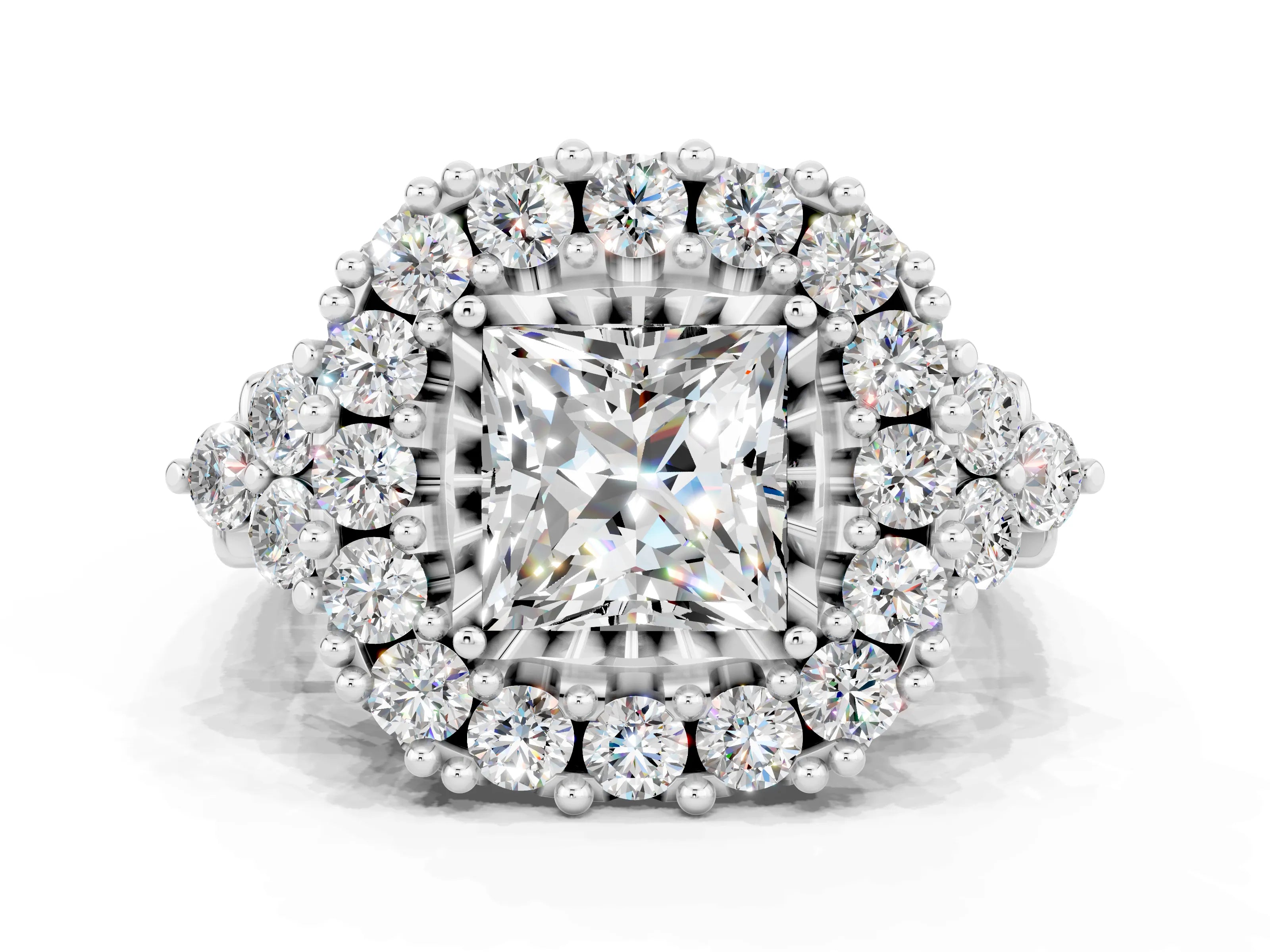 White gold Princess Cut Moissanite Halo Ring with Pavé Band and Four-Prong Setting_12