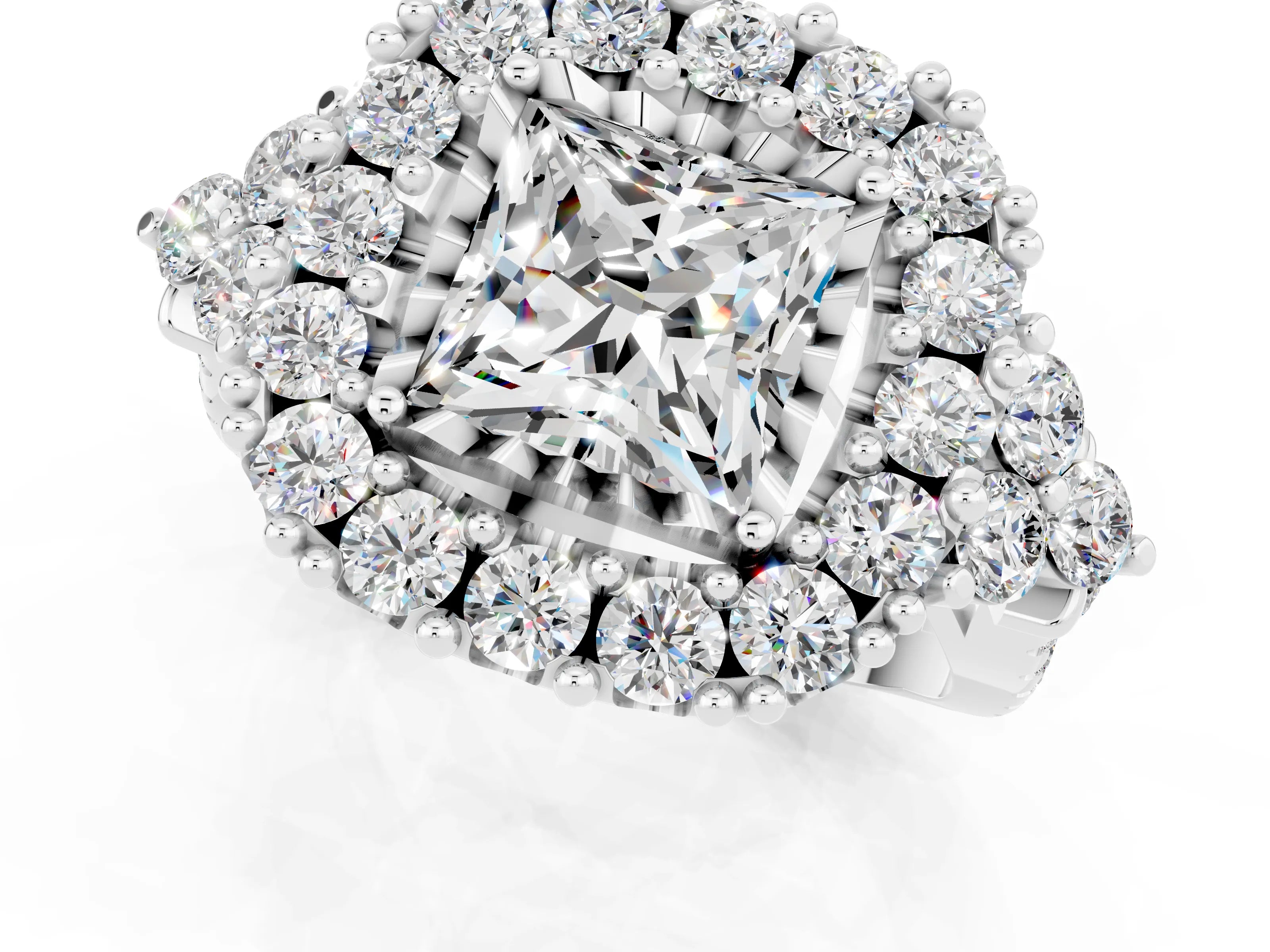 White gold Princess Cut Moissanite Halo Ring with Pavé Band and Four-Prong Setting_13