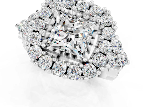 Silver Princess Cut Moissanite Halo Ring with Pavé Band and Four-Prong Setting
