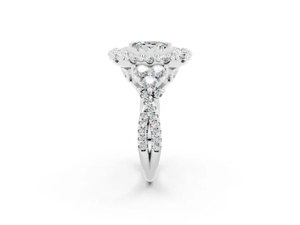 Silver Princess Cut Moissanite Halo Ring with Pavé Band and Four-Prong Setting