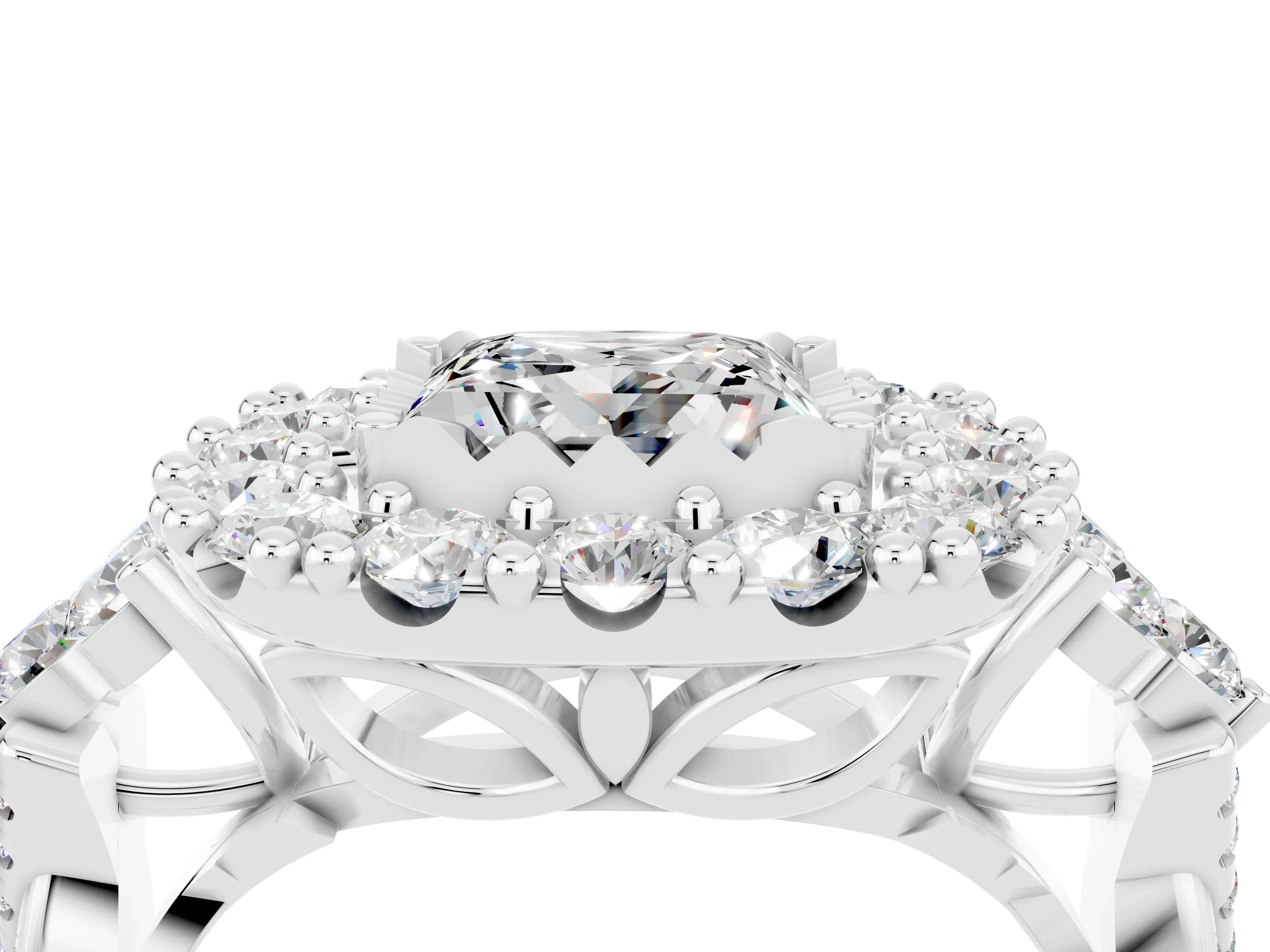 White gold Princess Cut Moissanite Halo Ring with Pavé Band and Four-Prong Setting_16