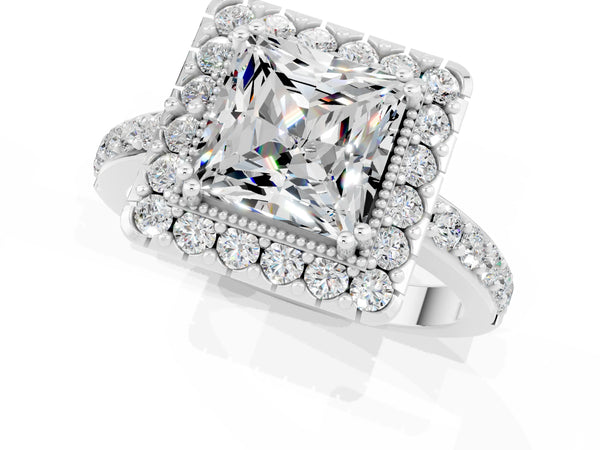 Platinum Princess Cut Moissanite Halo Ring with Pavé Band and Prong Setting