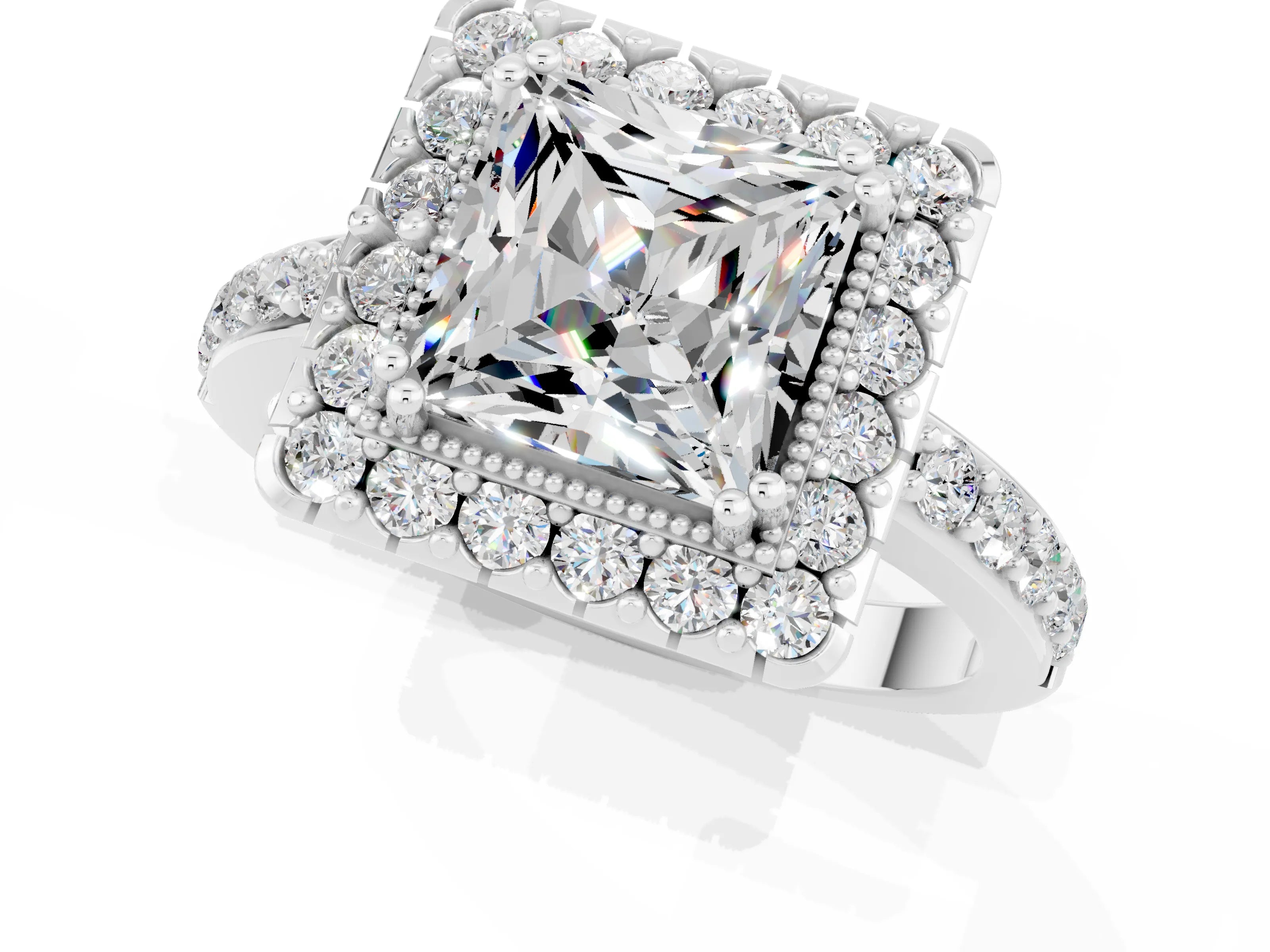 White gold Princess Cut Moissanite Halo Ring with Pavé Band and Prong Setting_1