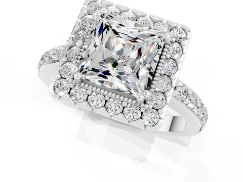 White gold Princess Cut Moissanite Halo Ring with Pavé Band and Prong Setting_1