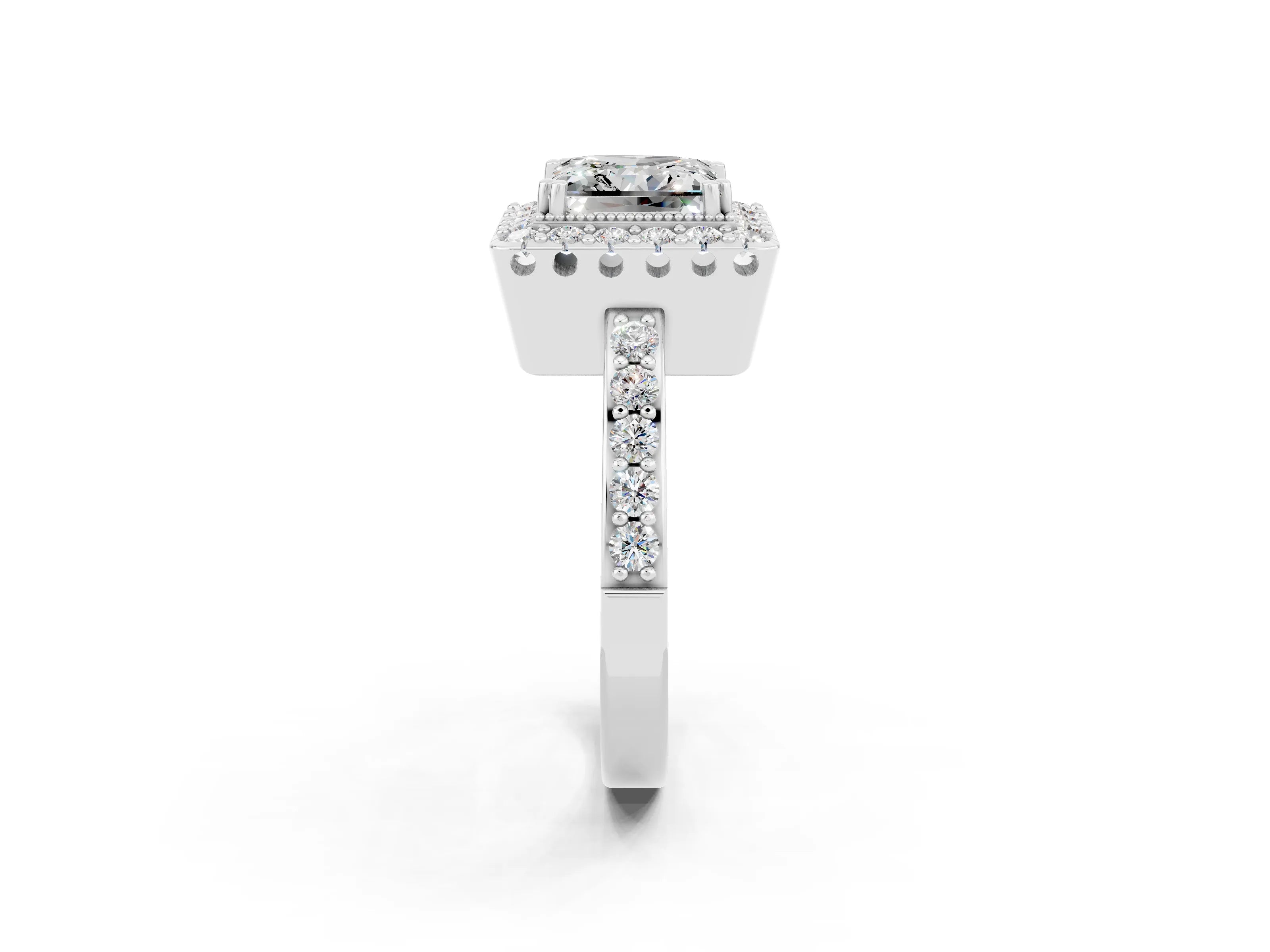 White gold Princess Cut Moissanite Halo Ring with Pavé Band and Prong Setting_2
