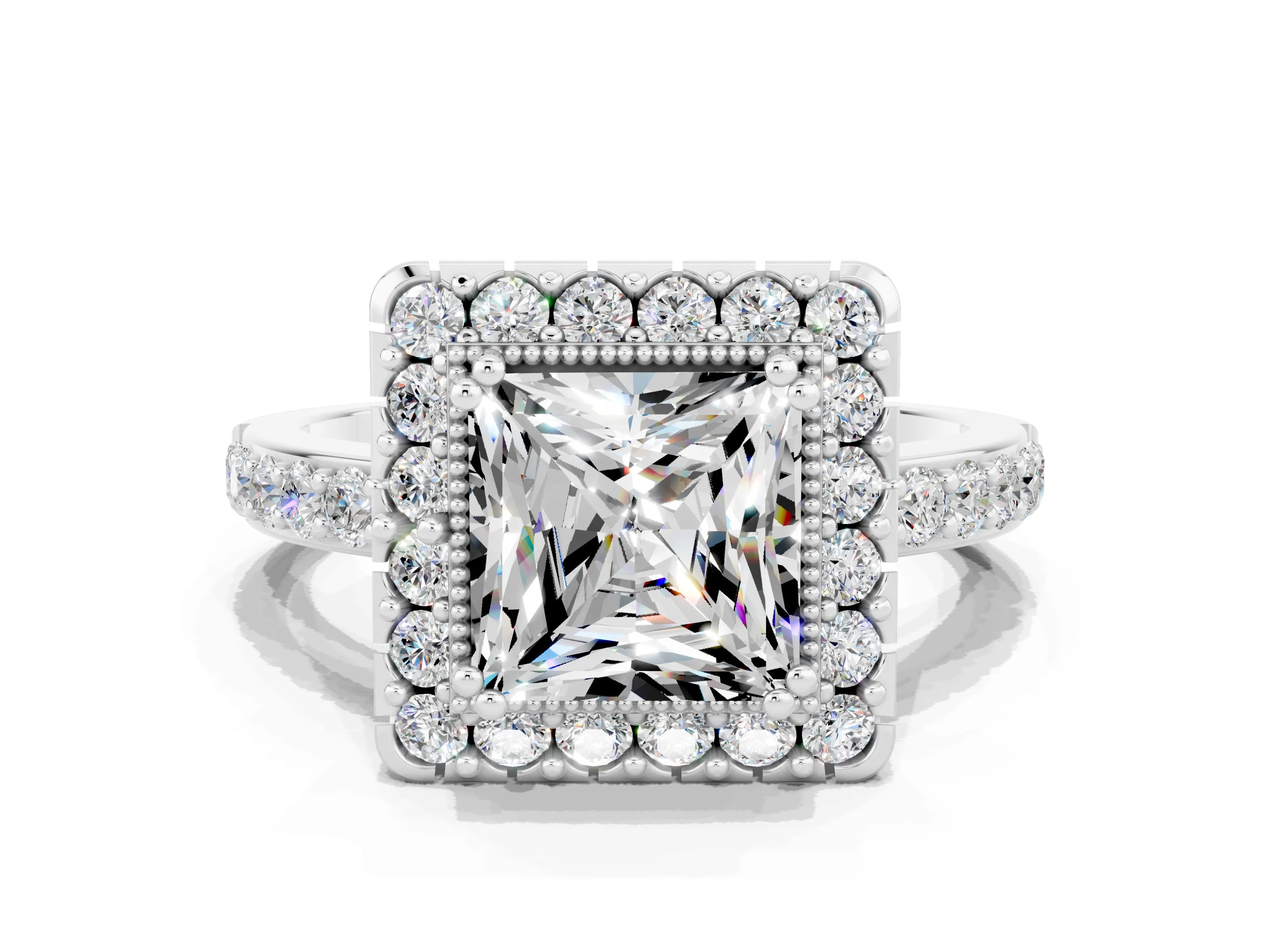 White gold Princess Cut Moissanite Halo Ring with Pavé Band and Prong Setting