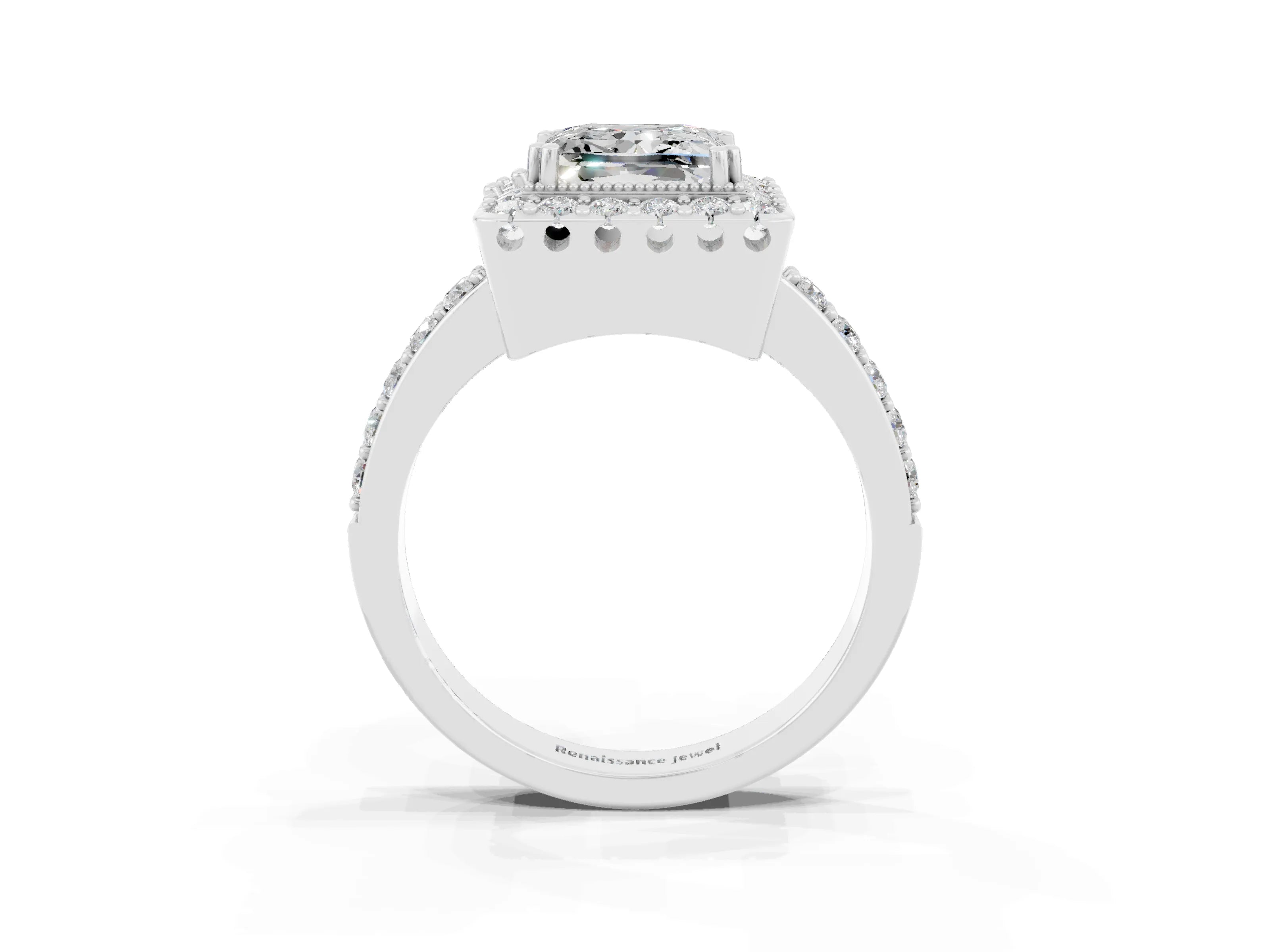 White gold Princess Cut Moissanite Halo Ring with Pavé Band and Prong Setting_3