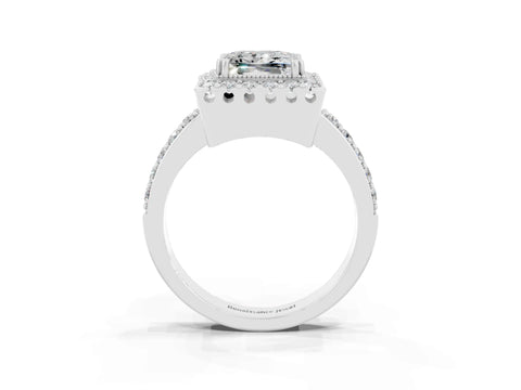 White gold Princess Cut Moissanite Halo Ring with Pavé Band and Prong Setting_3