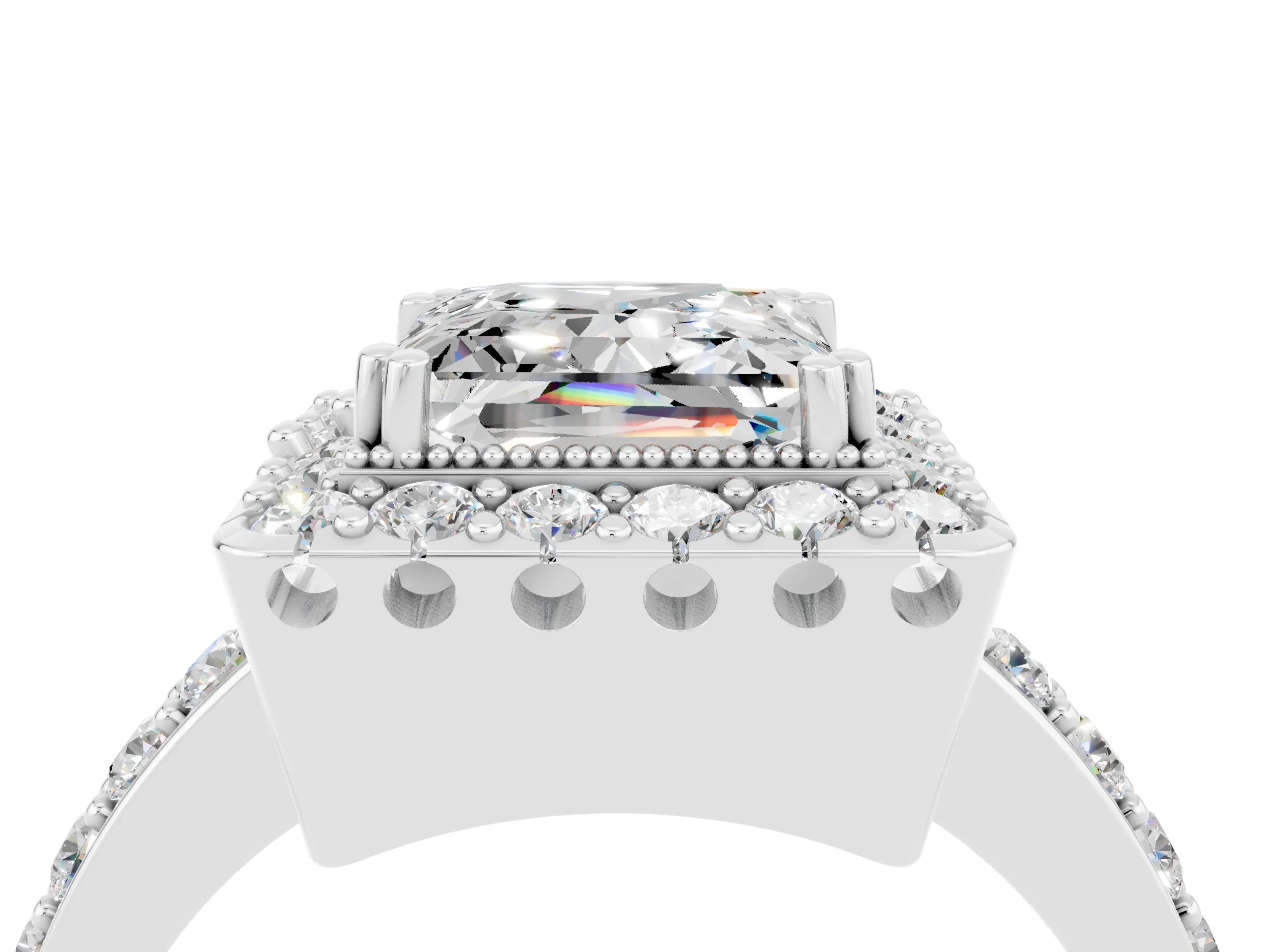 White gold Princess Cut Moissanite Halo Ring with Pavé Band and Prong Setting_4