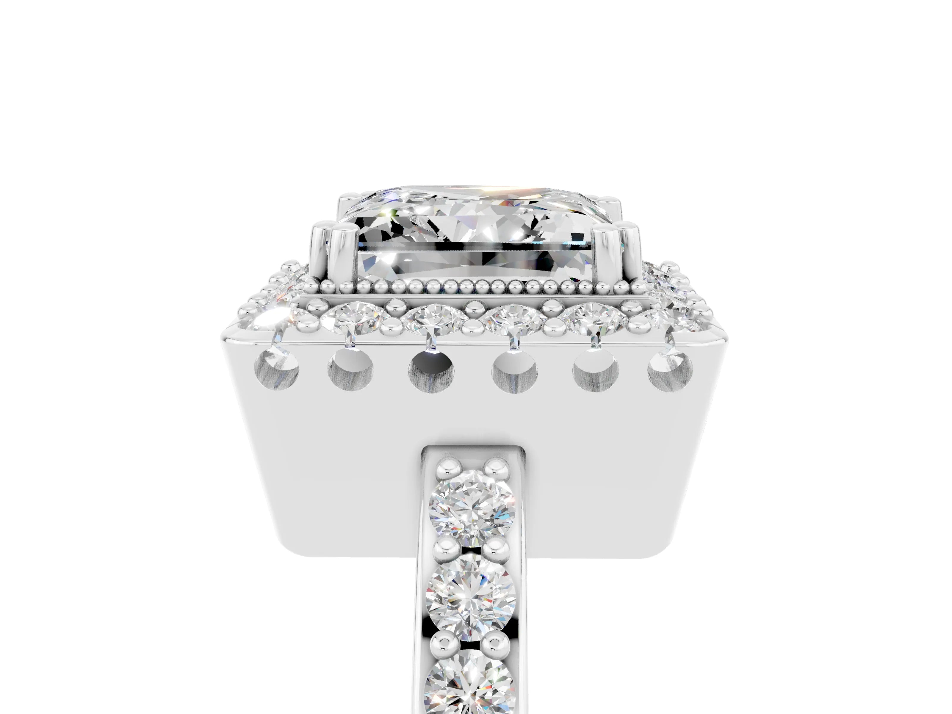 White gold Princess Cut Moissanite Halo Ring with Pavé Band and Prong Setting_5