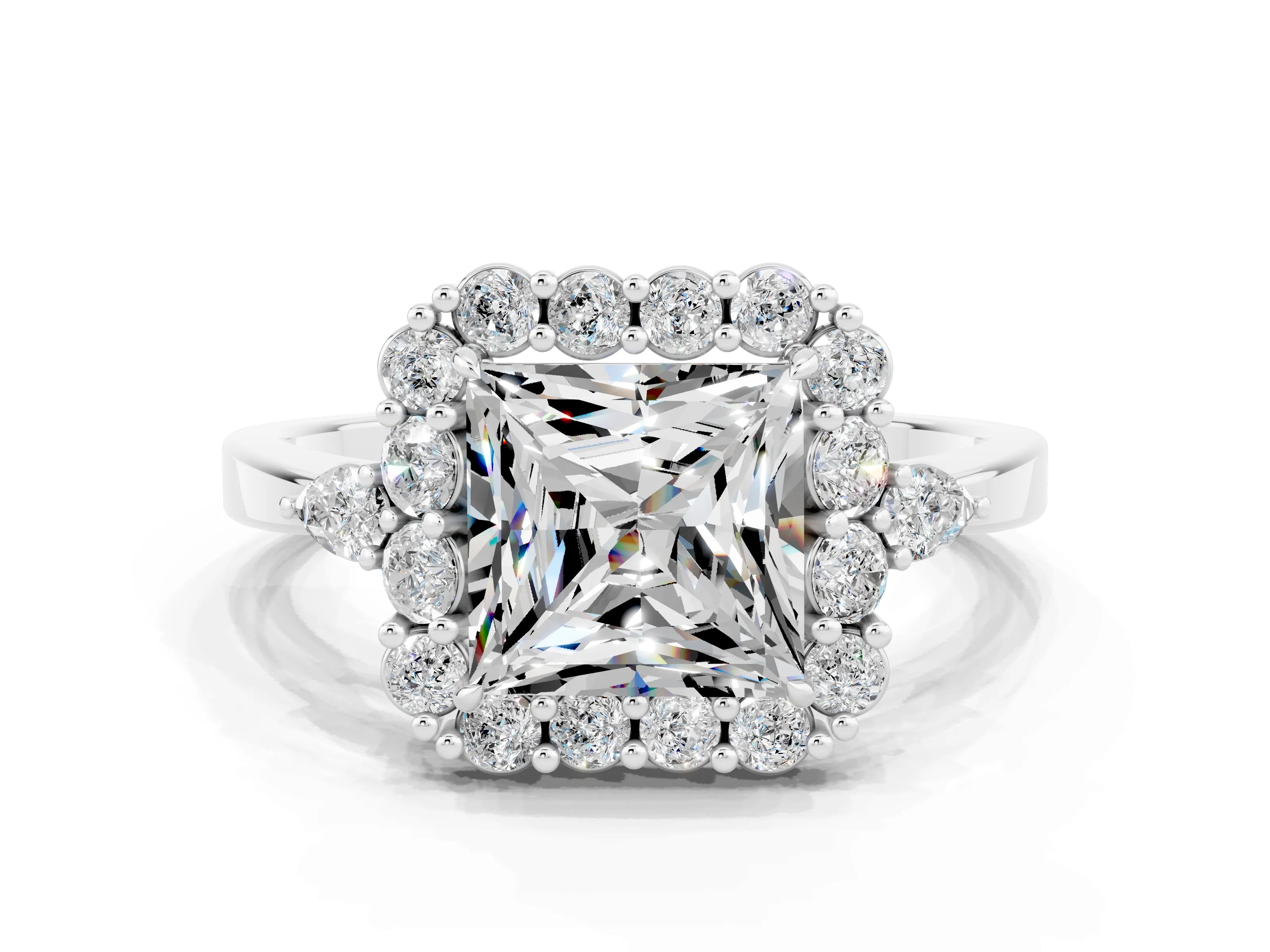 White gold Princess Cut Moissanite Halo Ring with Pear Side Stones and Prong Setting_24