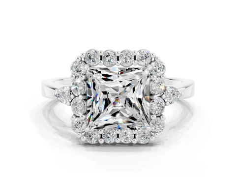 White gold Princess Cut Moissanite Halo Ring with Pear Side Stones and Prong Setting_24
