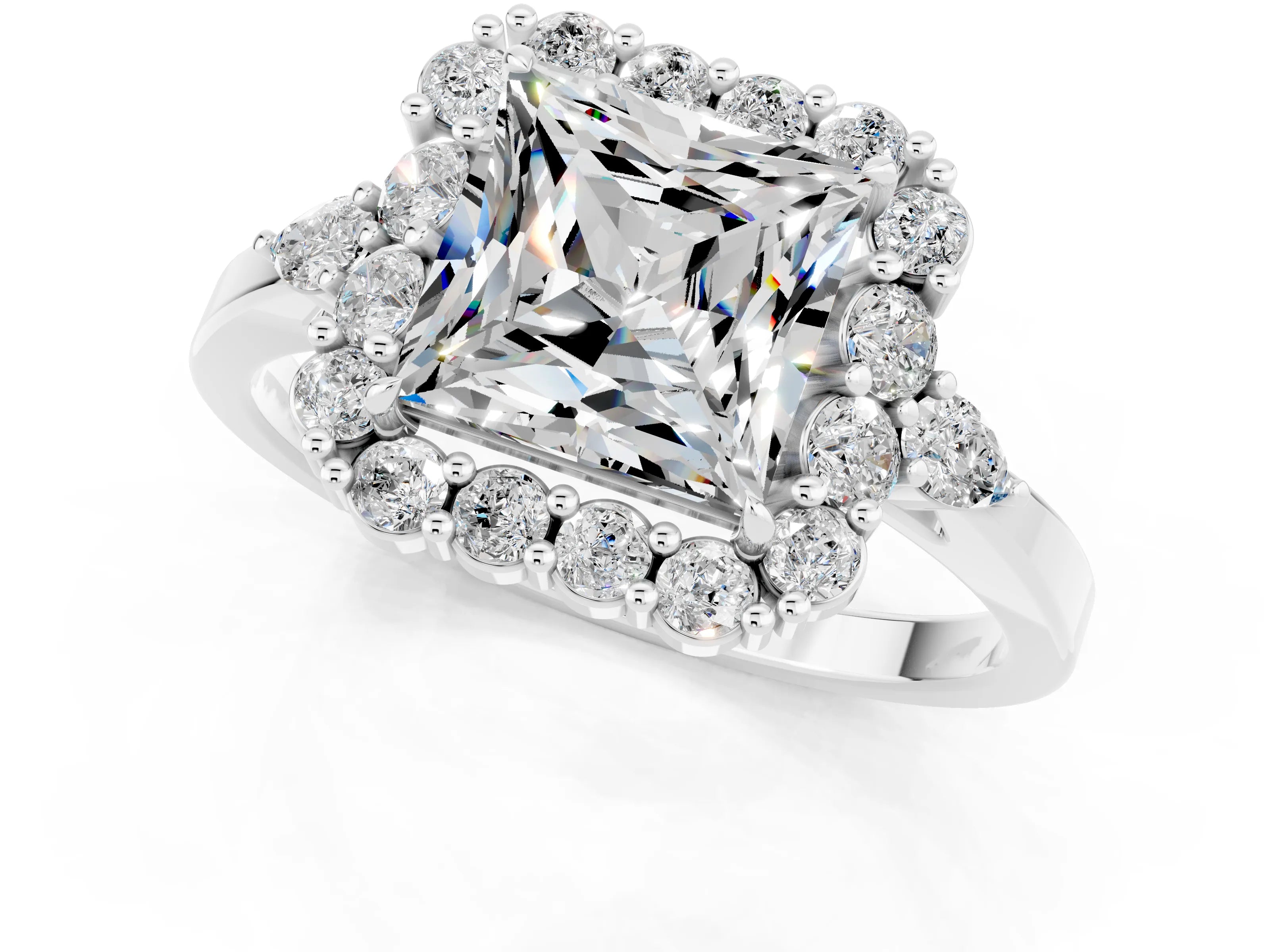 White gold Princess Cut Moissanite Halo Ring with Pear Side Stones and Prong Setting_25