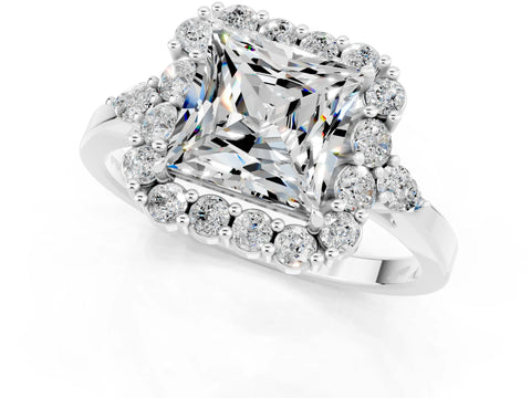 White gold Princess Cut Moissanite Halo Ring with Pear Side Stones and Prong Setting_25