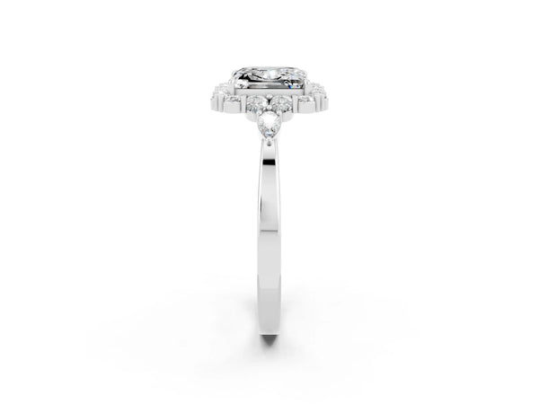 Silver Princess Cut Moissanite Halo Ring with Pear Side Stones and Prong Setting