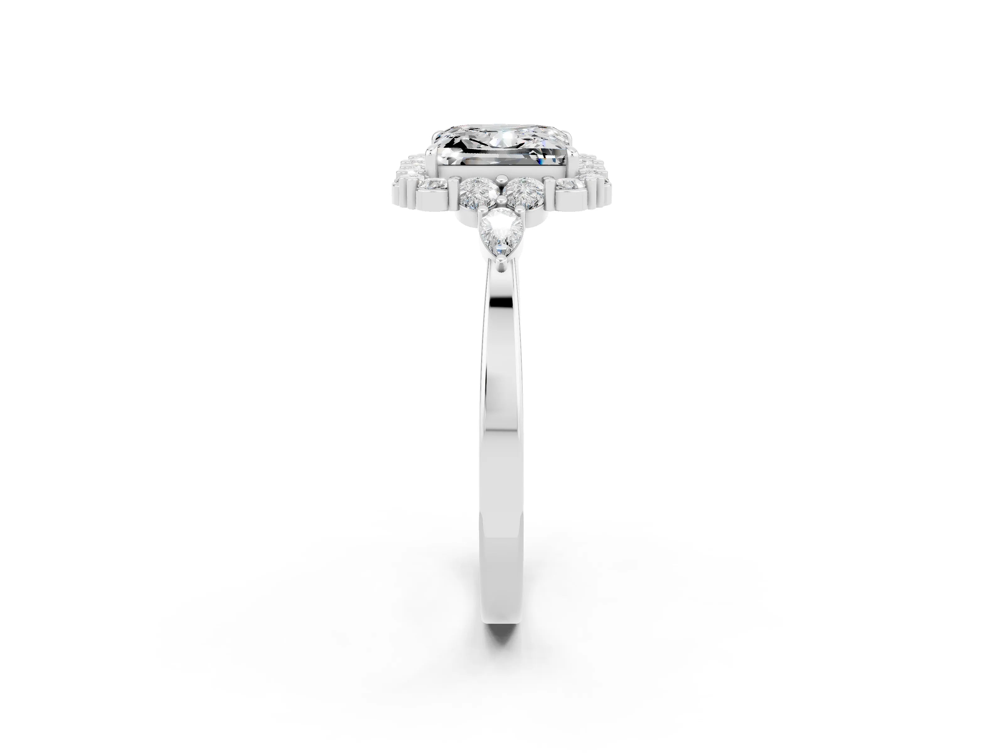 White gold Princess Cut Moissanite Halo Ring with Pear Side Stones and Prong Setting_26
