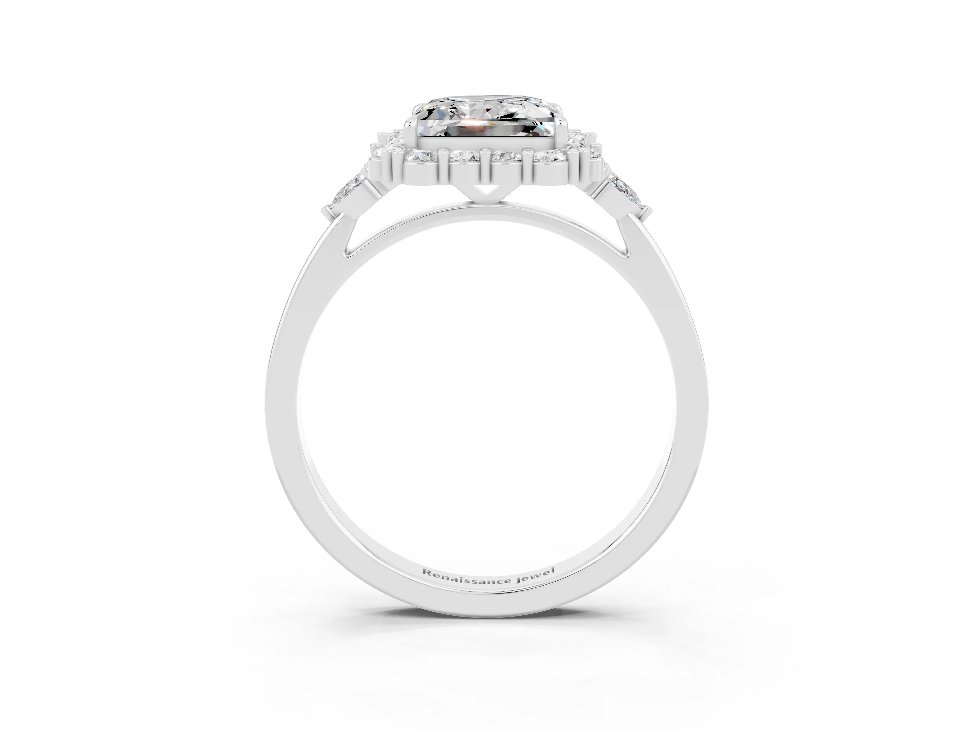 White gold Princess Cut Moissanite Halo Ring with Pear Side Stones and Prong Setting_27