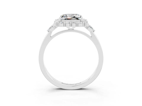 White gold Princess Cut Moissanite Halo Ring with Pear Side Stones and Prong Setting_27
