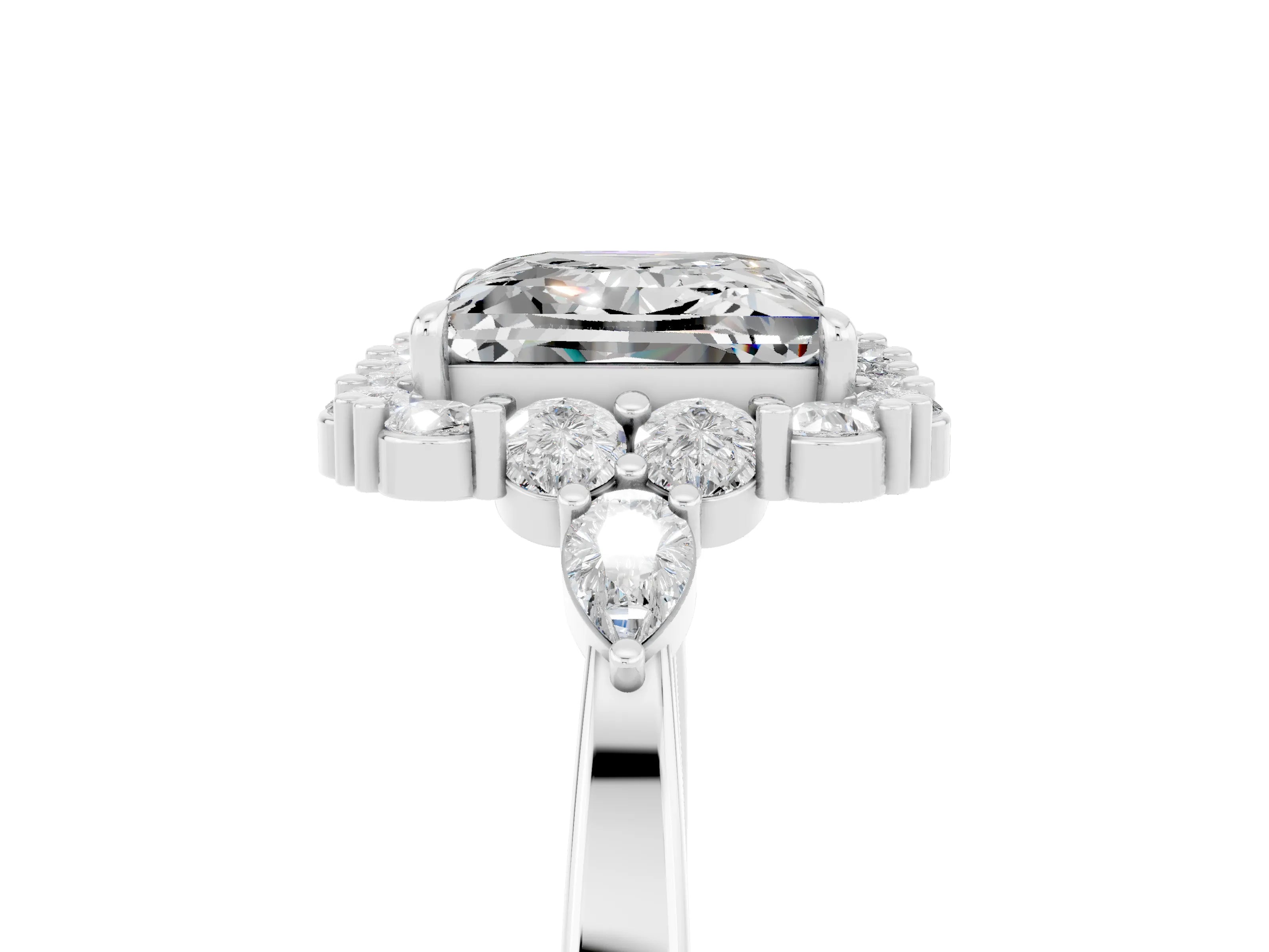 White gold Princess Cut Moissanite Halo Ring with Pear Side Stones and Prong Setting_29