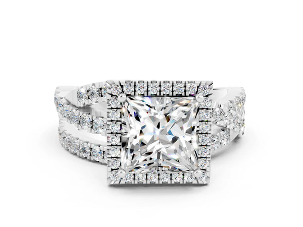Platinum Princess Cut Moissanite Halo Ring with Round Split Shank and Prong Setting