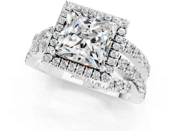 Silver Princess Cut Moissanite Halo Ring with Round Split Shank and Prong Setting