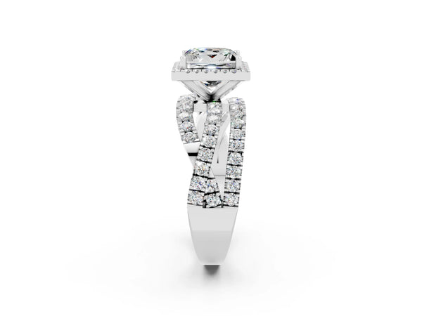Platinum Princess Cut Moissanite Halo Ring with Round Split Shank and Prong Setting