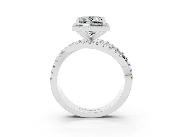 Silver Princess Cut Moissanite Halo Ring with Round Split Shank and Prong Setting