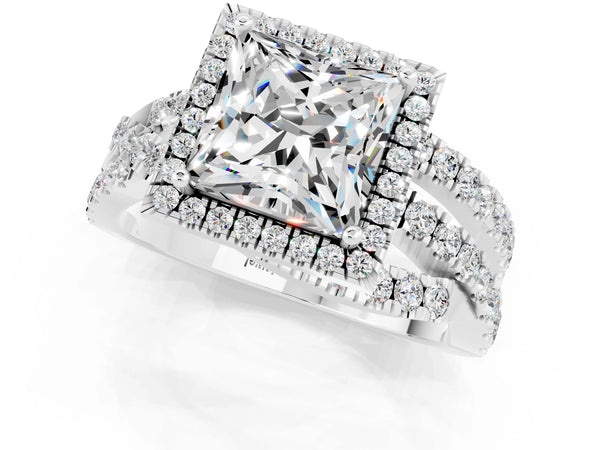 White gold Princess Cut Moissanite Halo Ring with Round Split Shank and Prong Setting