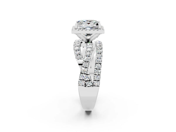 White gold Princess Cut Moissanite Halo Ring with Round Split Shank and Prong Setting