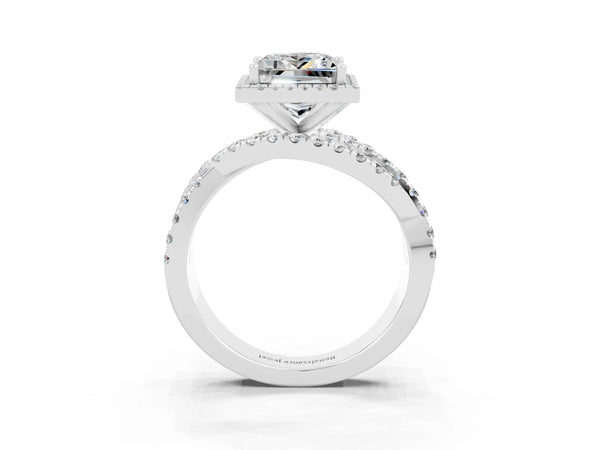 White gold Princess Cut Moissanite Halo Ring with Round Split Shank and Prong Setting