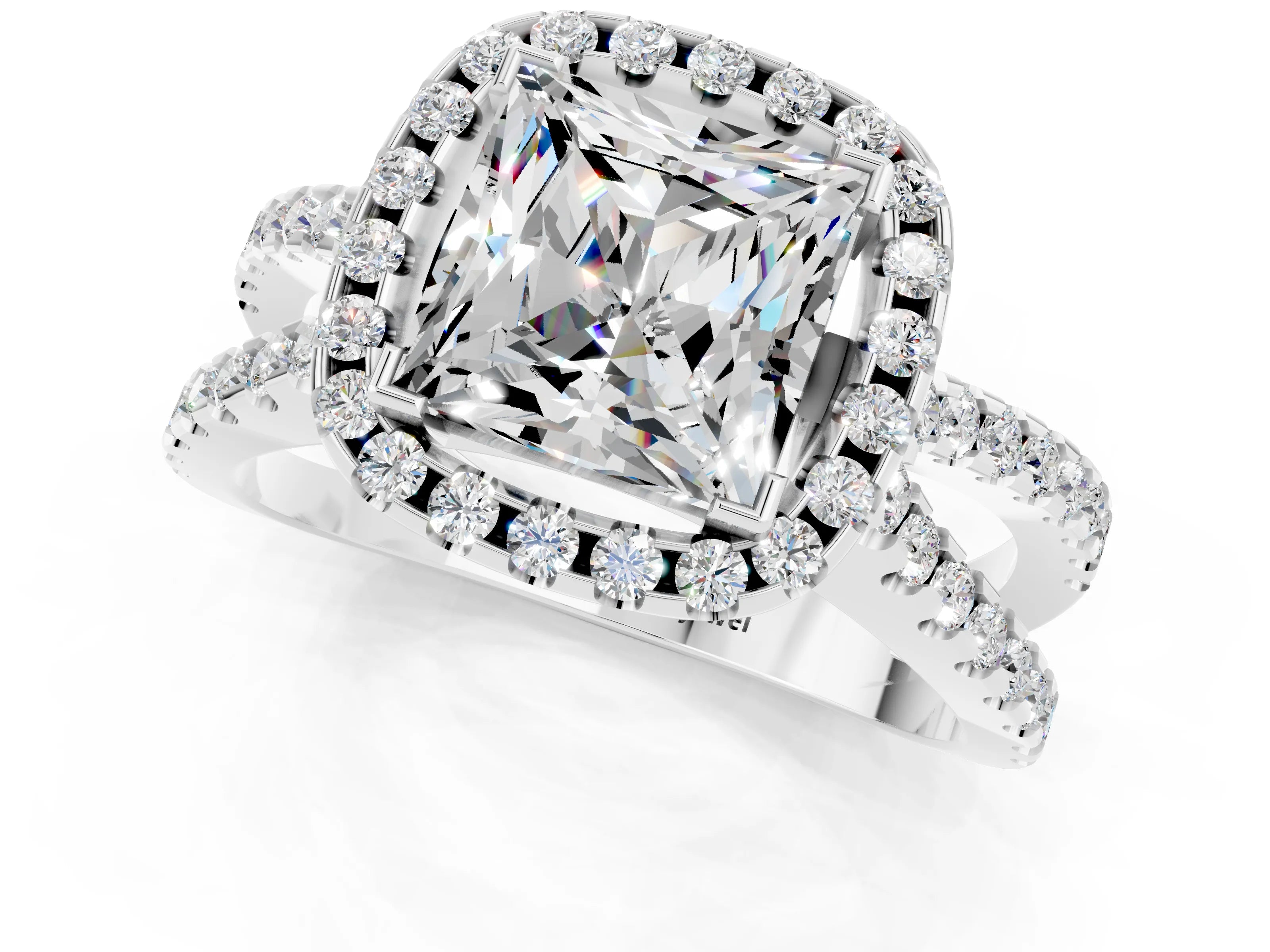 White gold Princess Cut Moissanite Halo Ring with Split Shank Pavé Band and Prong Setting_1