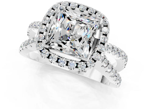 White gold Princess Cut Moissanite Halo Ring with Split Shank Pavé Band and Prong Setting_1