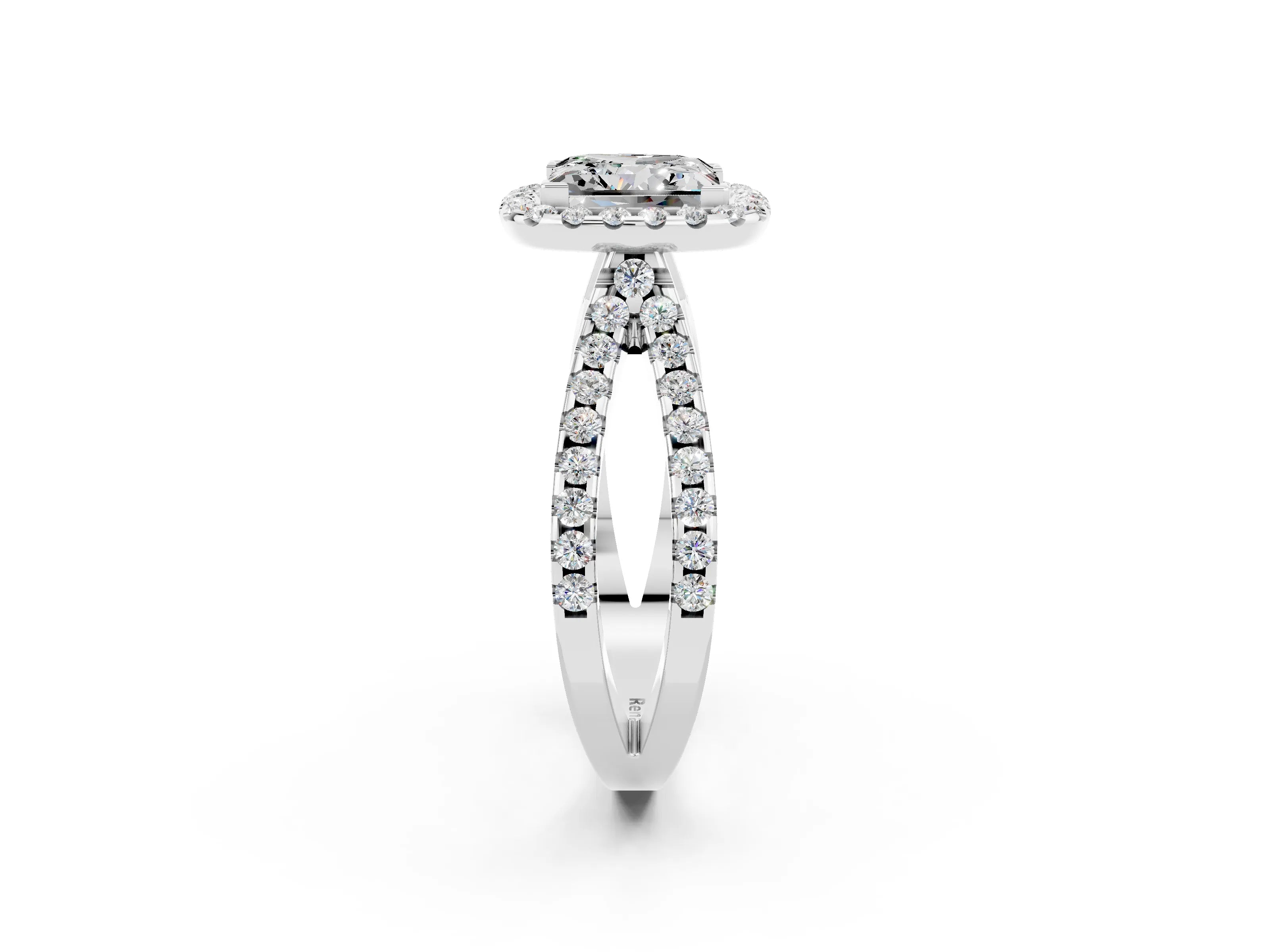 White gold Princess Cut Moissanite Halo Ring with Split Shank Pavé Band and Prong Setting_2