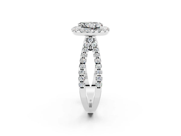 White gold Princess Cut Moissanite Halo Ring with Split Shank Pavé Band and Prong Setting