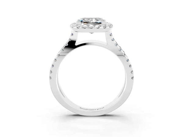 Platinum Princess Cut Moissanite Halo Ring with Split Shank Pavé Band and Prong Setting