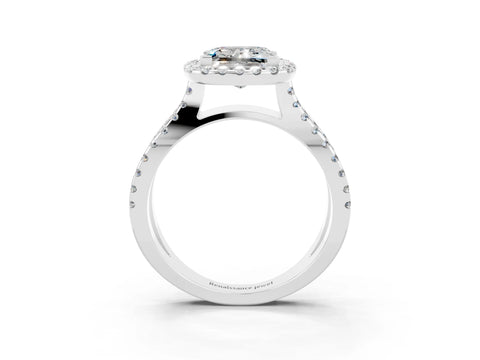 White gold Princess Cut Moissanite Halo Ring with Split Shank Pavé Band and Prong Setting_3